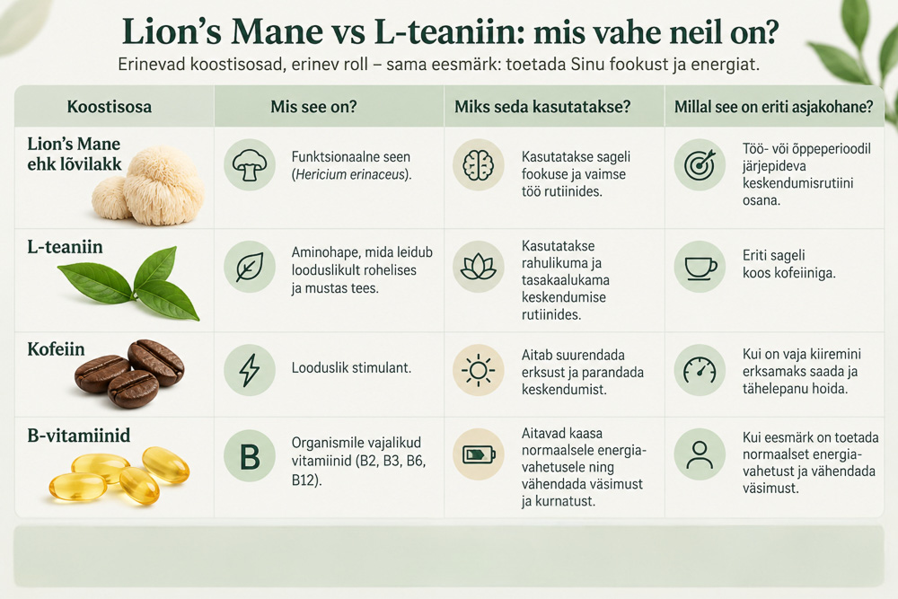 Lion's Mane ja L-teaniini võrdlus